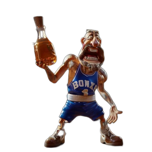 bottle, creature, 3d render, concept art, animated, character, muscular, bearded transparent PNG cut-out