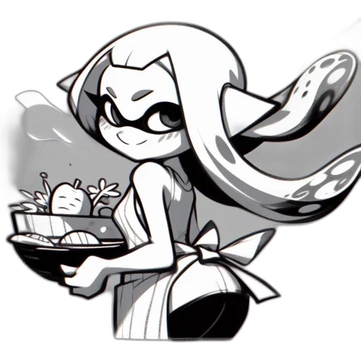 food, concept art, cartoon, monochrome, animated, female, character, wearing transparent PNG cut-out