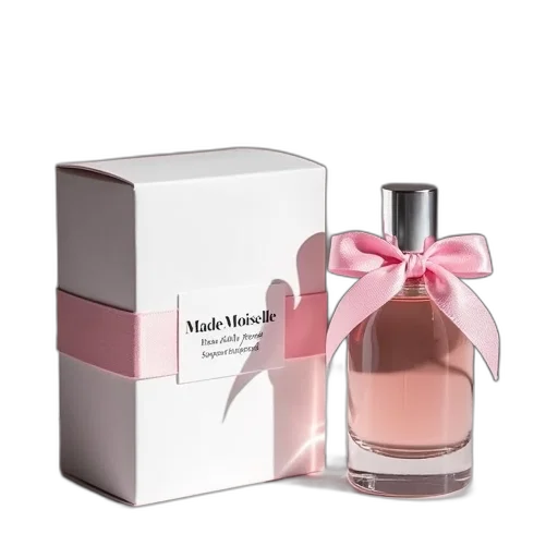 bottle, white, box, pink, ribbon, tied, around, featuring transparent PNG cut-out