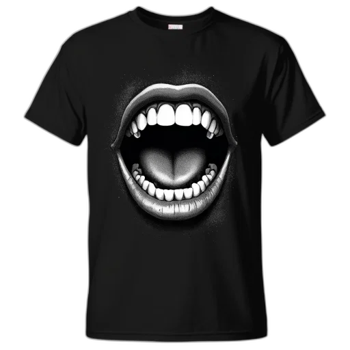 3d render, black, t-shirt, stylized, illustration, mouth, teeth, front transparent PNG cut-out