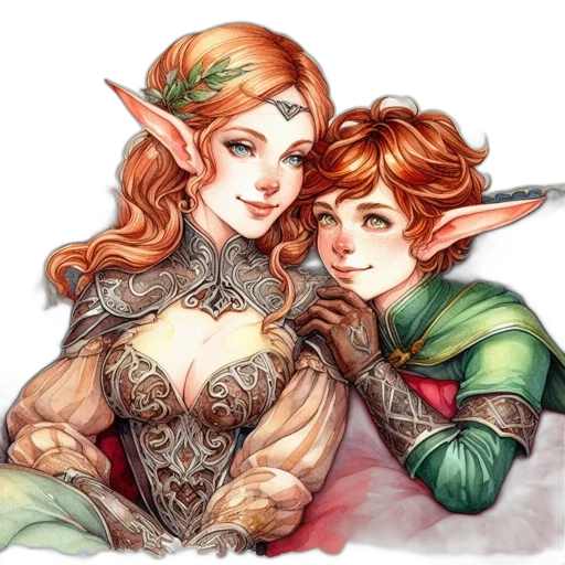 fantasy art, watercolor, concept art, pixel art, green, two, elfin, characters transparent PNG cut-out