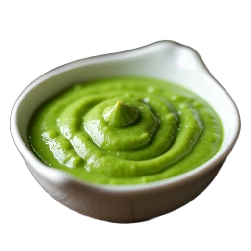 food, green, bowl, sauce, placed, wooden, surface, has transparent PNG cut-out