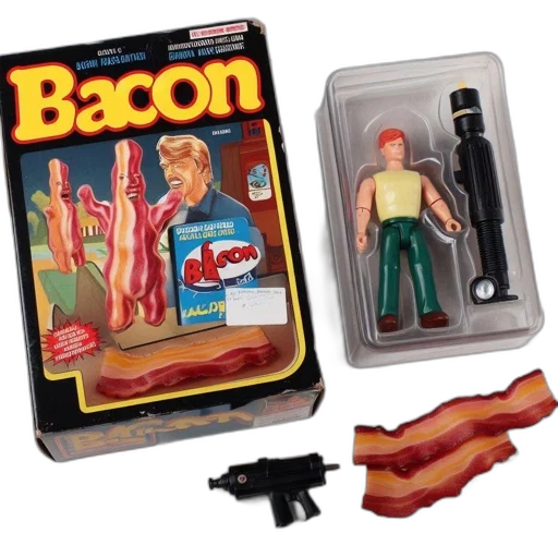 weapon, food, illustrated, toy, package, labeled, bacon, displays transparent PNG cut-out