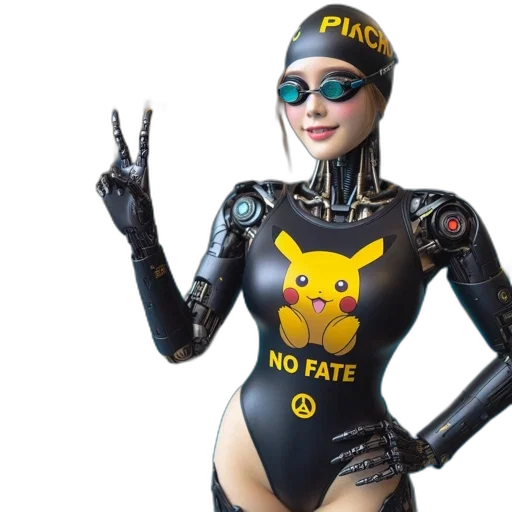 robot, mask, cyberpunk, concept art, 3d render, pikachu-labeled, makes, peace transparent PNG cut-out
