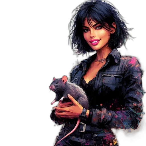 concept art, comic book art, photorealistic, cyberpunk, digitally, illustrated, woman, short transparent PNG cut-out