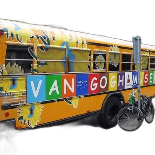colorful, bus, words, van, gogh, museum, painted, parked transparent PNG cut-out