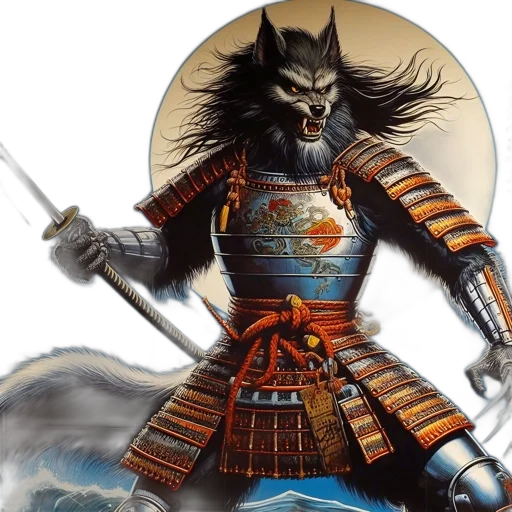sword, fantasy art, concept art, comic book art, fierce, samurai, werewolf, traditional transparent PNG cut-out