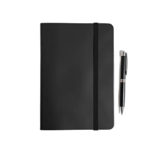 3d render, photorealistic, monochrome, closed, black, notebook, pen, top transparent PNG cut-out