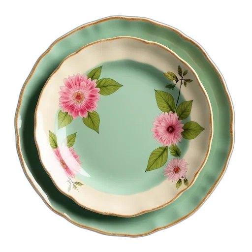 jewelry, pastel, green, set, two, ceramic, plates, floral transparent PNG cut-out