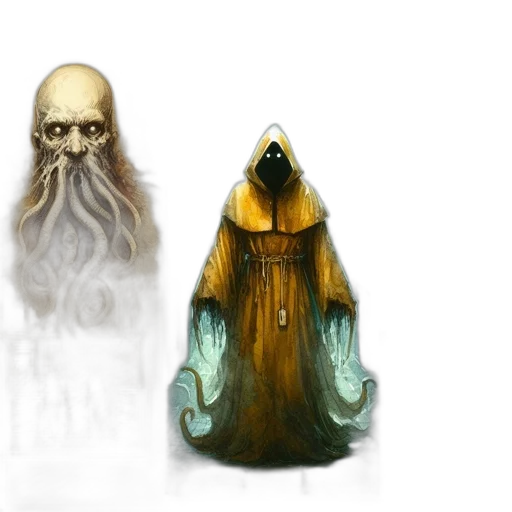 creature, mask, concept art, fantasy art, 3d render, pixel art, fog, golden transparent PNG cut-out