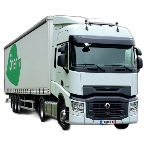 photorealistic, 3d render, white, semi-truck, large, trailer, parked, side transparent PNG cut-out