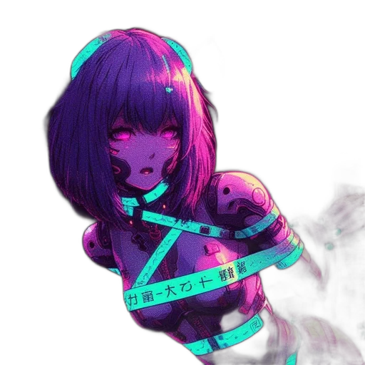 robot, mask, dress, weapon, cyberpunk, vaporwave, anime, pixel art transparent PNG cut-out