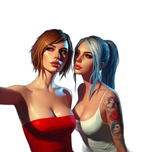 concept art, fantasy art, photorealistic, comic book art, blue, two, women, stand transparent PNG cut-out