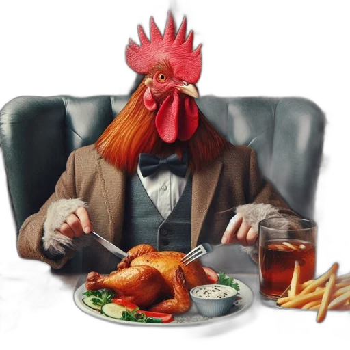 food, animal, photorealistic, concept art, 3d render, rooster, wearing, suit transparent PNG cut-out