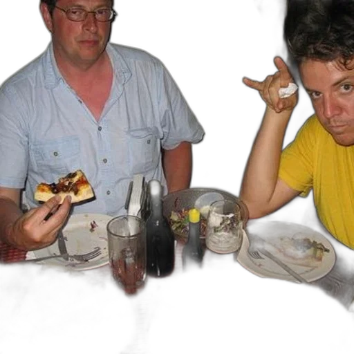 food, staff, weapon, two, men, sit, table, pizza transparent PNG cut-out