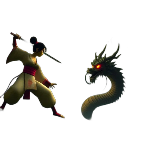 dragon, concept art, 3d render, fantasy art, pixel art, female, ninja, stands transparent PNG cut-out