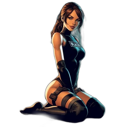 comic book art, concept art, pixel art, fantasy art, woman, black, outfit, labeled transparent PNG cut-out