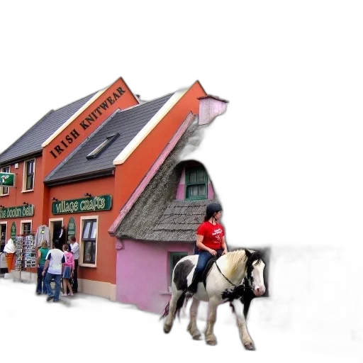 building, 3d render, concept art, photorealistic, city street, person, rides, horse transparent PNG cut-out