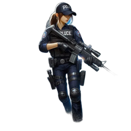 weapon, staff, concept art, 3d render, pixel art, cyberpunk, female, police transparent PNG cut-out