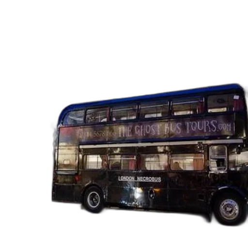 3d render, concept art, black, double-decker, bus, ghost, tours, written transparent PNG cut-out