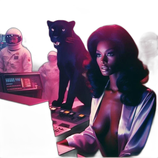 vaporwave, concept art, cyberpunk, outer space, inside, futuristic, environment, woman transparent PNG cut-out