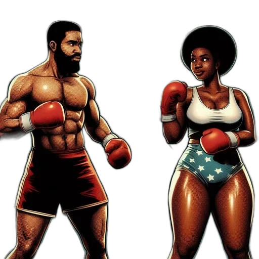 comic book art, concept art, cartoon, male, female, boxer, confrontation, featuring transparent PNG cut-out