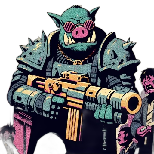 weapon, comic book art, concept art, anthropomorphic, pig, wielding, advanced, weaponry transparent PNG cut-out