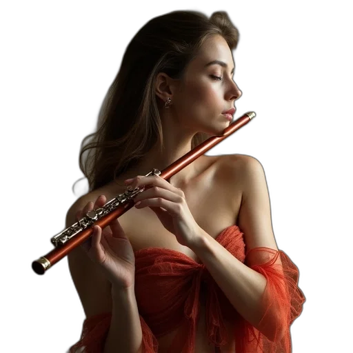 staff, photorealistic, oil painting, woman, musician, flute transparent PNG cut-out