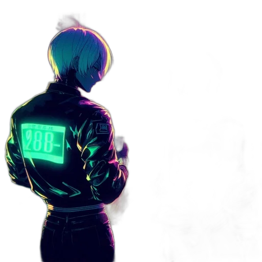 jacket, robot, staff, creature, cyberpunk, concept art, vaporwave, pixel art transparent PNG cut-out