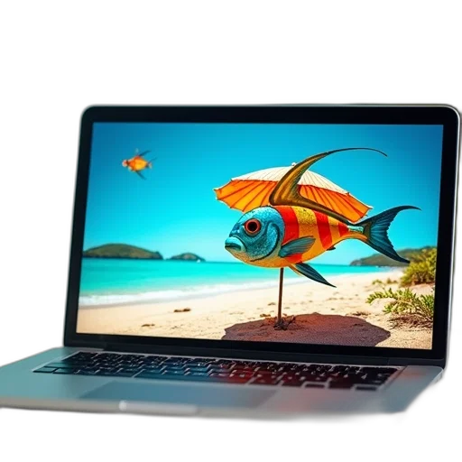 3d render, concept art, photorealistic, underwater, beach, laptop, colorful, tropical transparent PNG cut-out