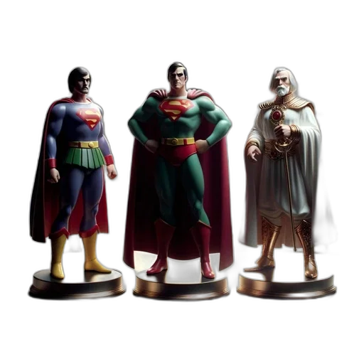 concept art, 3d render, comic book art, three, superman, figurines, occupy, lavish transparent PNG cut-out
