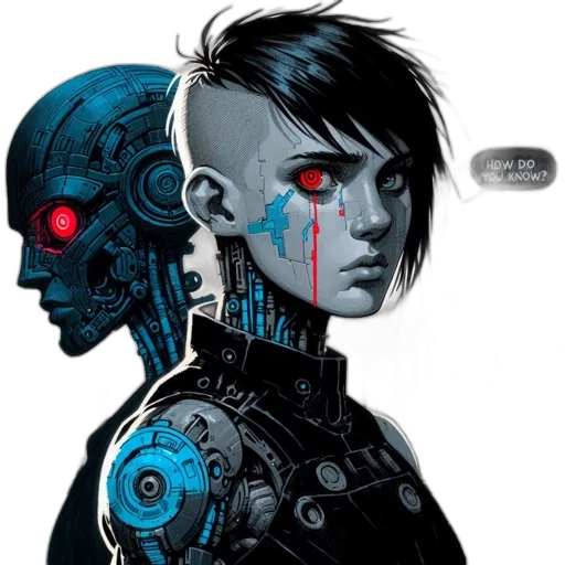 robot, cyberpunk, comic book art, concept art, cartoon, blue, female, character transparent PNG cut-out