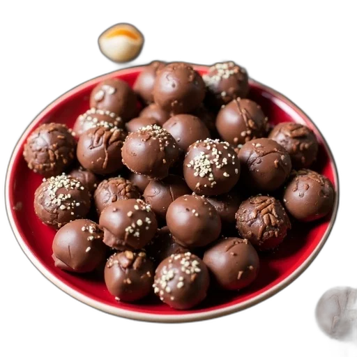 food, 3d render, photorealistic, plate, assorted, chocolate-covered, candies, displayed transparent PNG cut-out