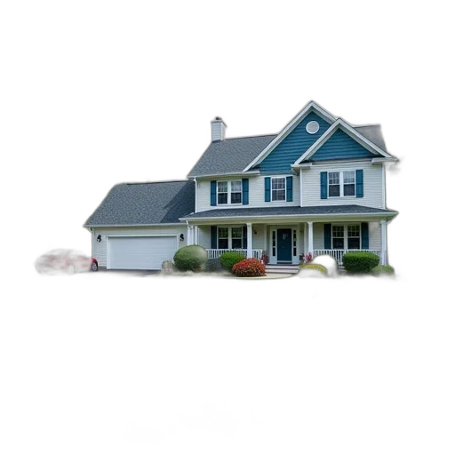 building, 3d render, photorealistic, concept art, two-story, house, blue, roof transparent PNG cut-out