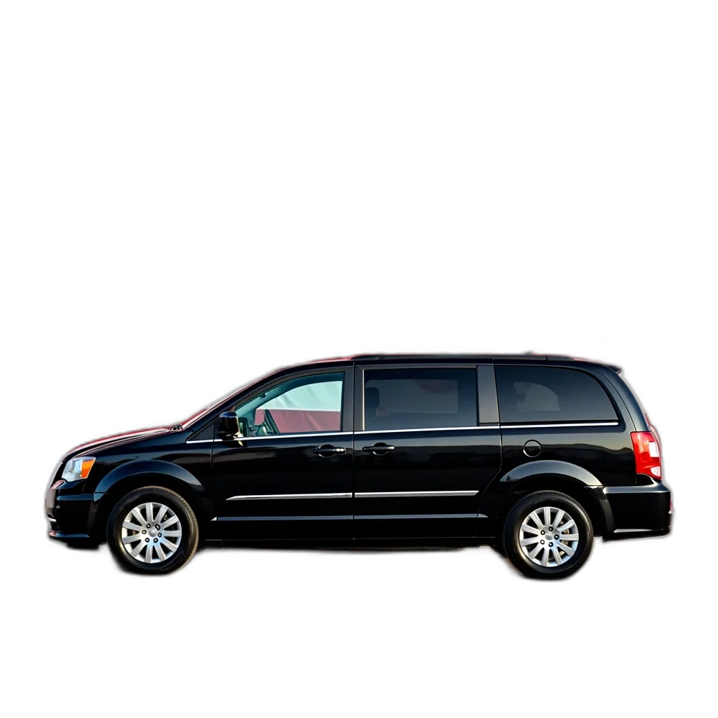 car, staff, 3d render, photorealistic, black, minivan, parked, front transparent PNG cut-out