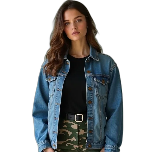jacket, blue, woman, wearing, denim, over, black, top transparent PNG cut-out