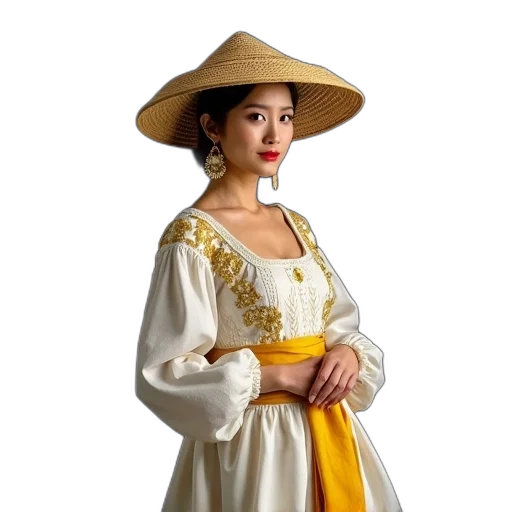 dress, hat, staff, crown, oil painting, photorealistic, golden, woman transparent PNG cut-out