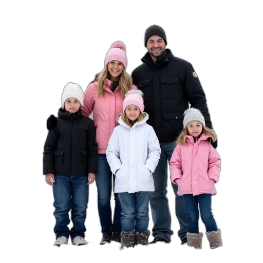 hat, jacket, 3d render, snow, monochrome, family, six, posing transparent PNG cut-out