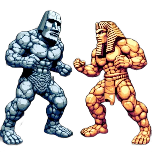 pixel art, concept art, comic book art, fantasy art, two, anthropomorphic, statues, stand transparent PNG cut-out