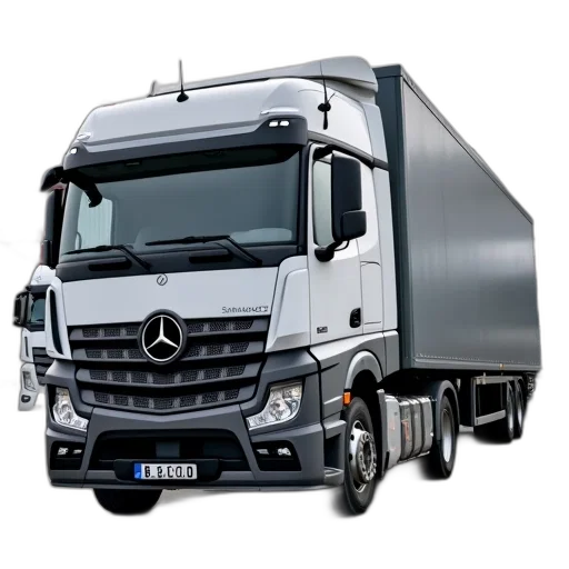 photorealistic, mercedes-benz, truck, parked, front, building, sign, reads transparent PNG cut-out