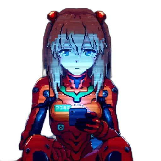 robot, weapon, creature, face, pixel art, cyberpunk, anime, vaporwave transparent PNG cut-out