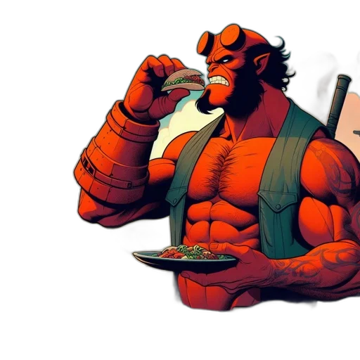 concept art, comic book art, pixel art, fantasy art, fire, red, hellboy, character transparent PNG cut-out