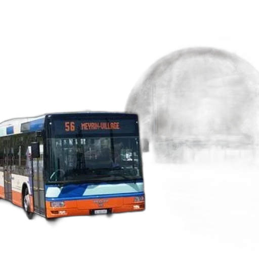photorealistic, concept art, 3d render, snow, fog, city street, bus, number transparent PNG cut-out