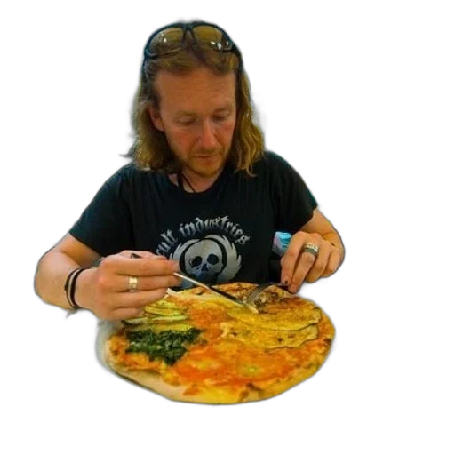 food, staff, man, black, shirt, skull, design, eating transparent PNG cut-out