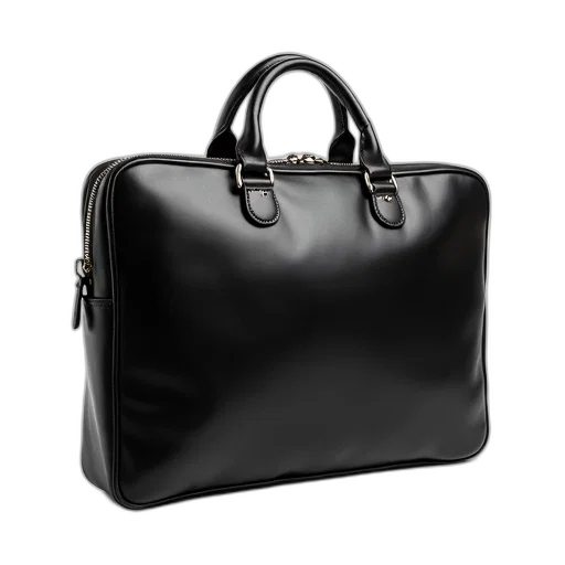 black, leather, briefcase, silver, zipper, handle, top, displayed transparent PNG cut-out