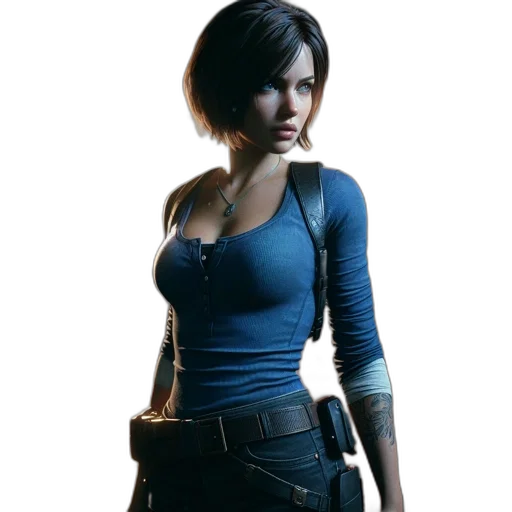 weapon, jacket, concept art, 3d render, photorealistic, fantasy art, female, character transparent PNG cut-out