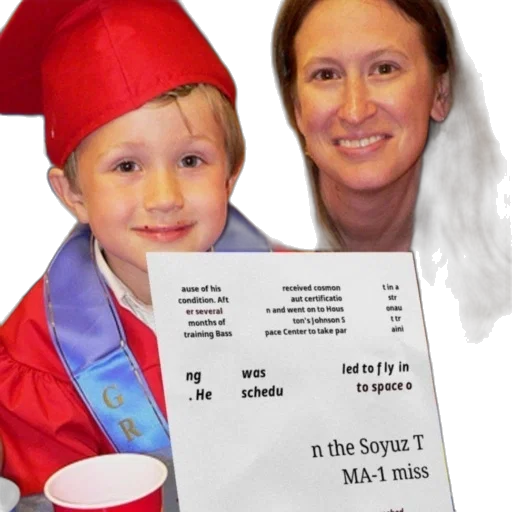 young, boy, graduation, attire, sits, next, woman, text transparent PNG cut-out