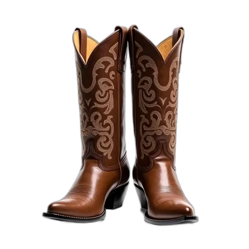 shoes, pair, brown, cowboy, boots, intricate, designs, upper transparent PNG cut-out