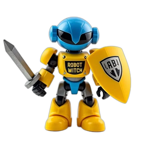 robot, weapon, 3d render, concept art, yellow, blue, toy, shield transparent PNG cut-out