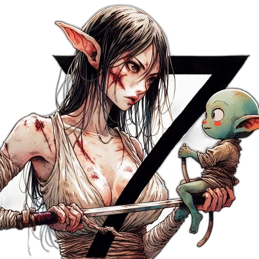 staff, sword, comic book art, fantasy art, concept art, pixel art, scarred, elven transparent PNG cut-out